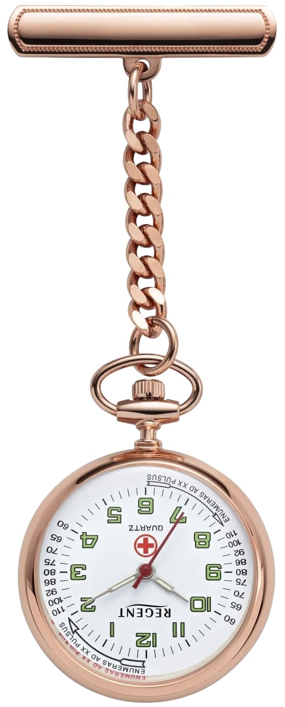 Montre de poche avec cadran rond, chaîne et fermoir mousqueton ; finition couleur or rose
