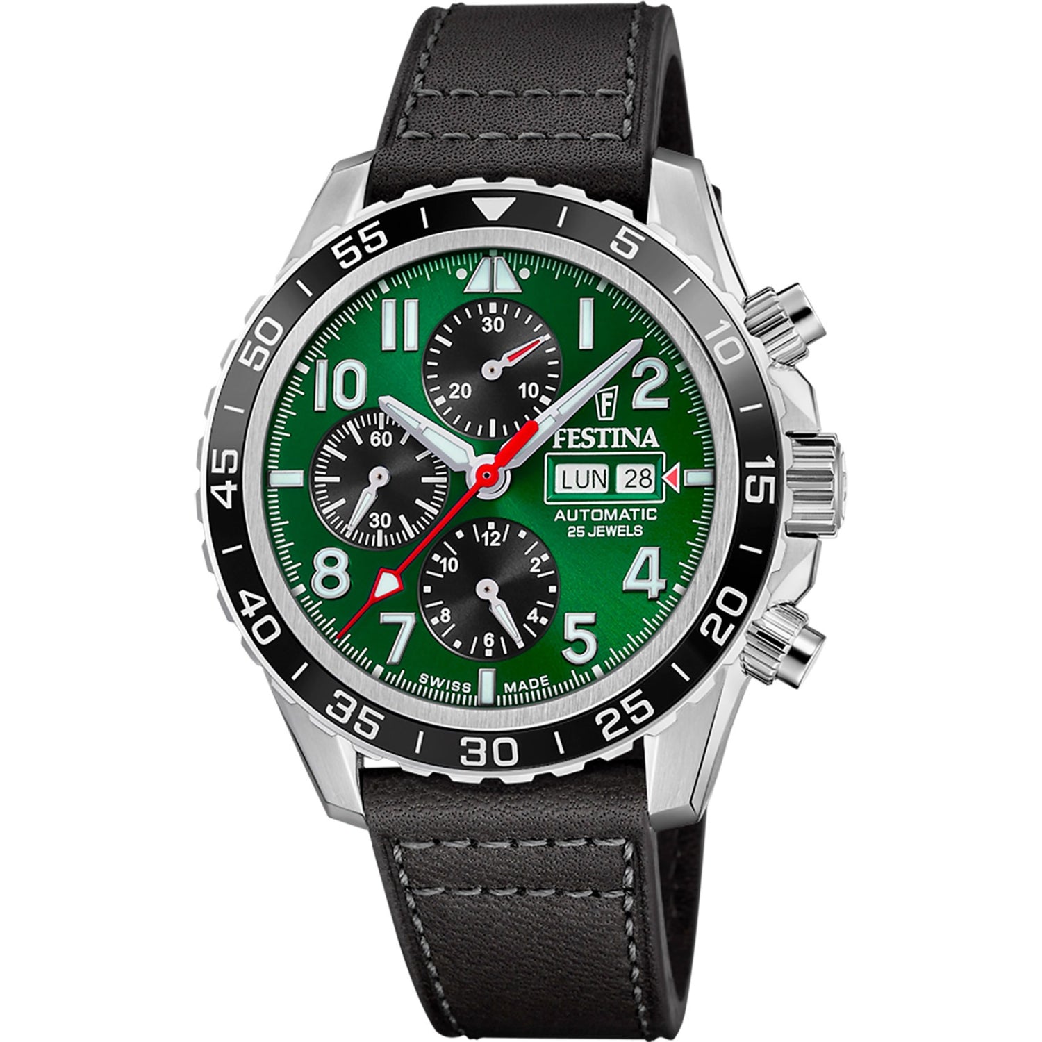 Herrenuhr mit grünem Zifferblatt, schwarzem Lederband und Chronographen-Drückern