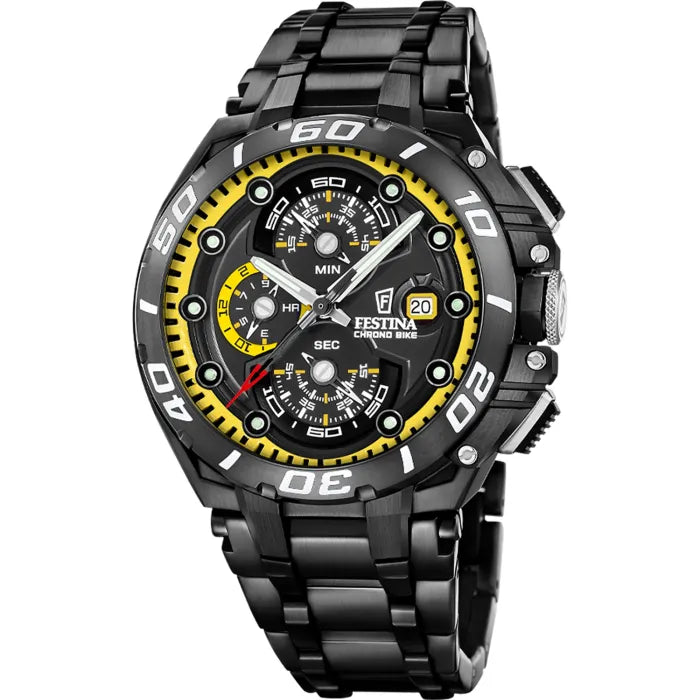 Herren-Chronograph-Uhr von Festina mit schwarzem Gehäuse, schwarzem Metallarmband und gelben Akzenten