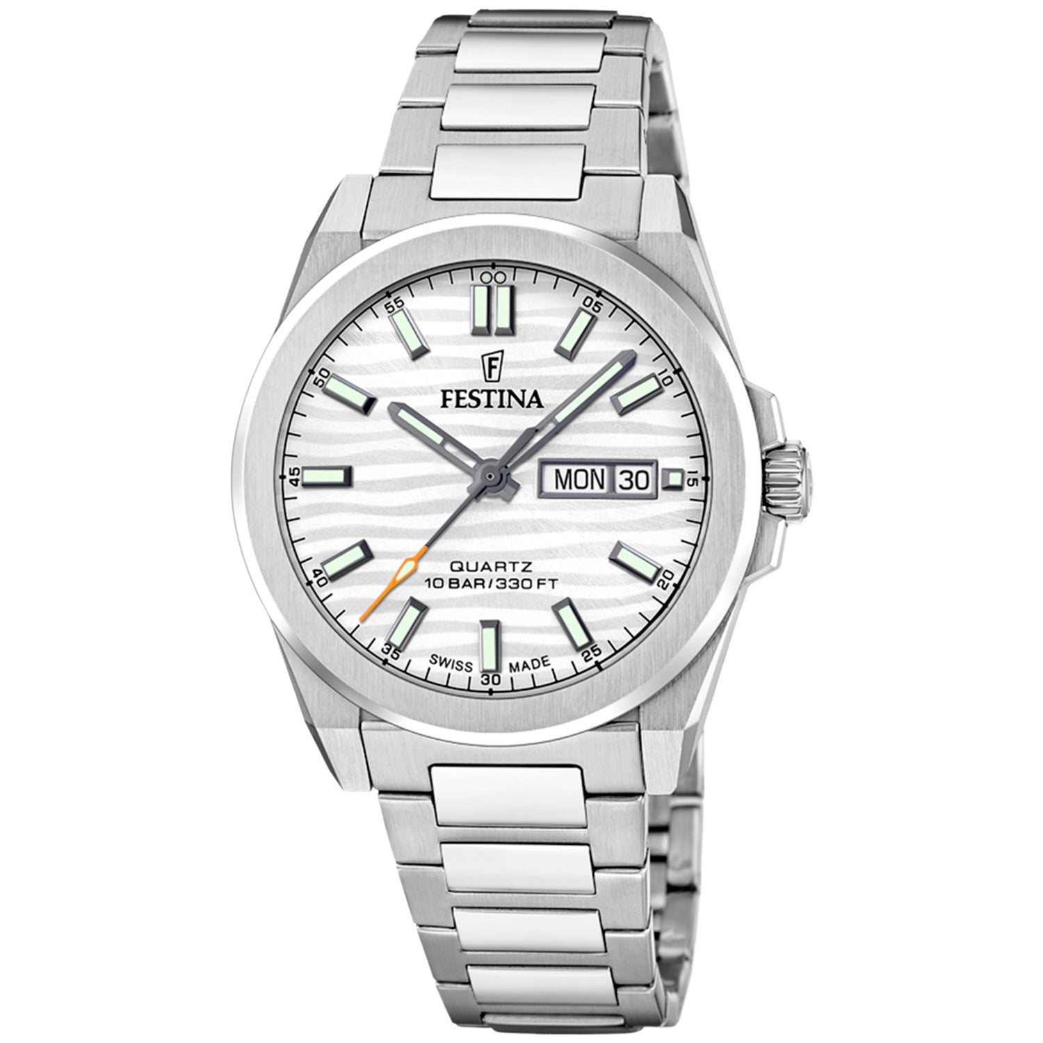 Festina Herrenuhr mit silberfarbenem Edelstahlarmband, weißem Zifferblatt, Datumsanzeige