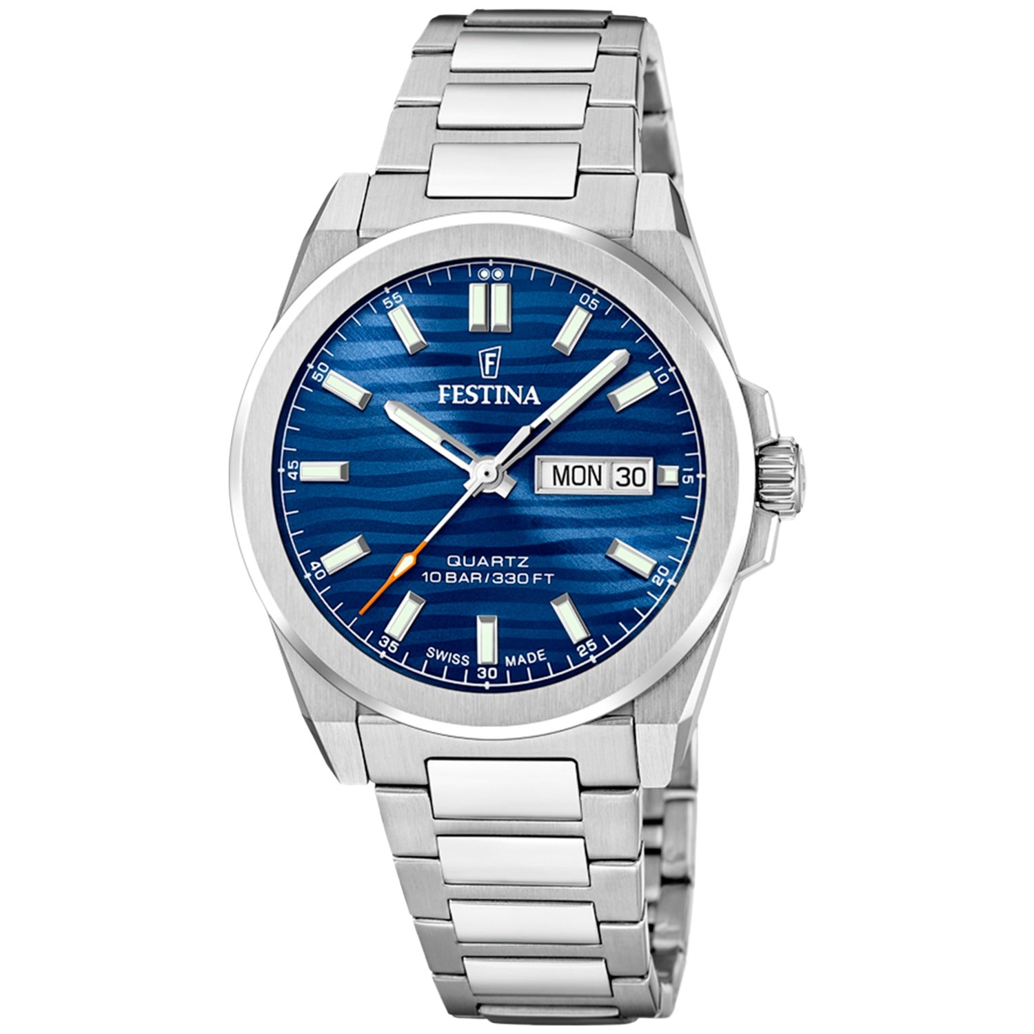 Armbanduhr für Herren: blaues Zifferblatt, Edelstahlband, Datumsfenster „MON 30“