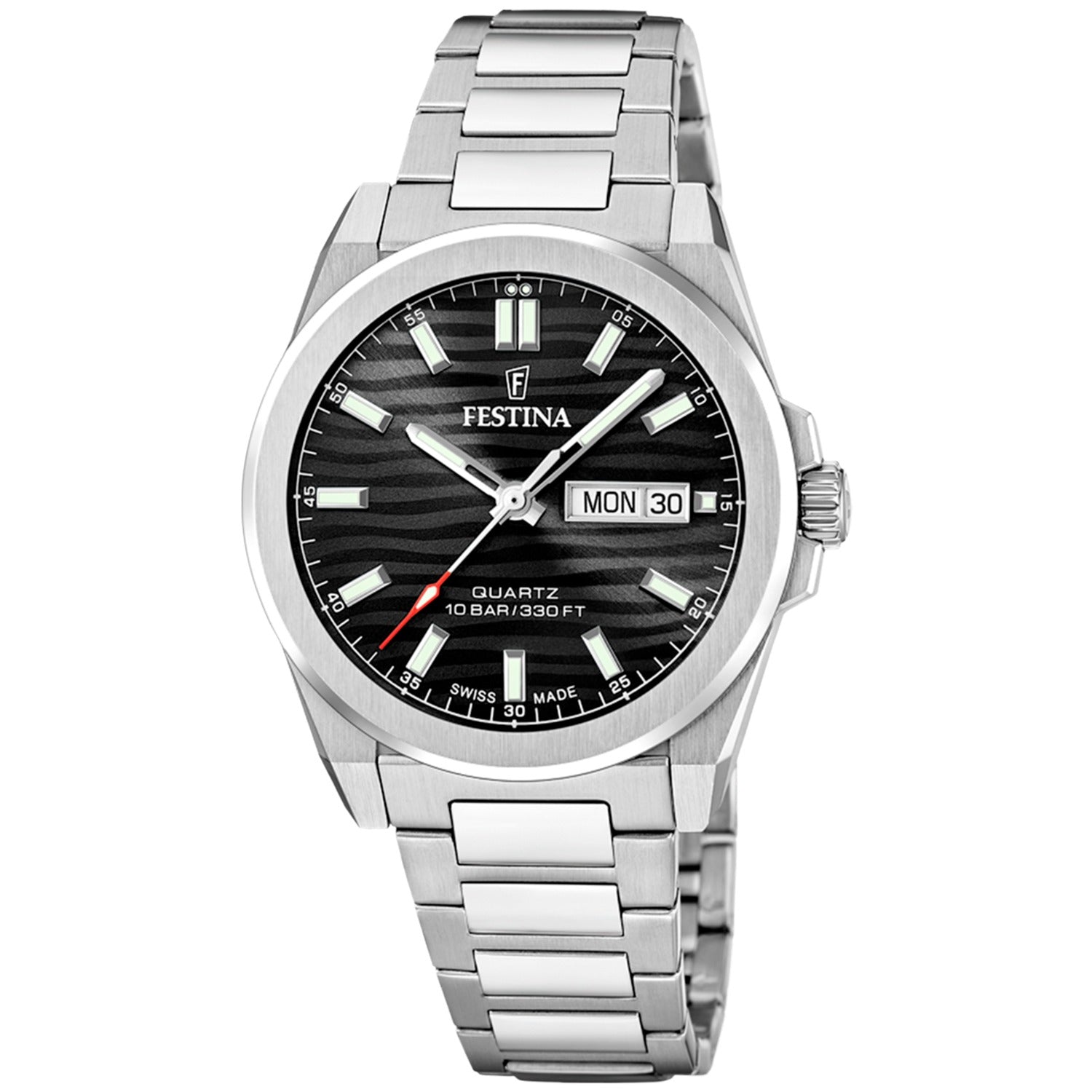 Festina Herrenarmbanduhr mit schwarzem Zifferblatt, Metallarmband und Datumsanzeige MON 30.