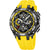 Chronograph-Uhr mit schwarzem Zifferblatt, gelber Lünette und gelbem Silikonarmband