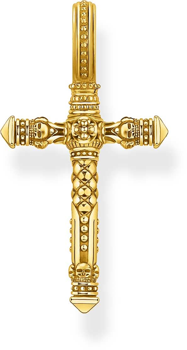 Pendentif croix finition or jaune avec détails tête de mort et ornements, à bélière