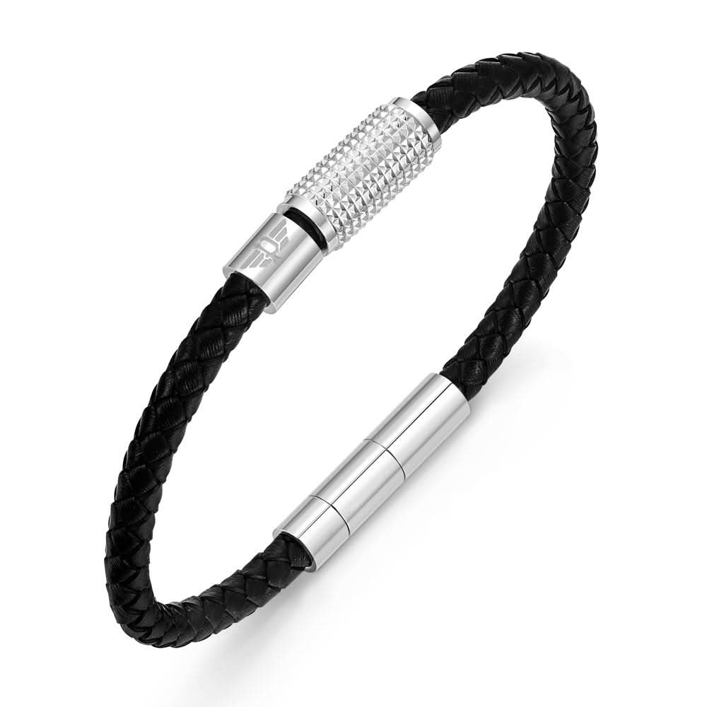 Geflochtenes Lederarmband, schwarz, mit silbernen Magnetverschlüssen
