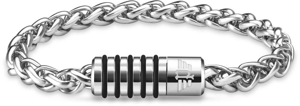 Bracelet en acier inoxydable avec chaîne à maillons argentée et élément cylindrique à rainures noires