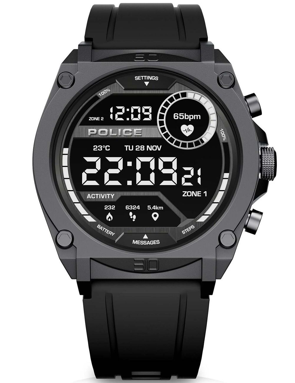 POLICE Smartwatch mit rundem Display und schwarzem Silikonarmband, Metalllünette