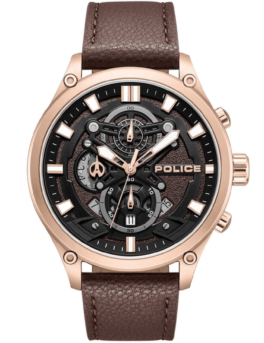Herrenarmbanduhr Police mit braunem Lederband, schwarzem Zifferblatt und Chronograph