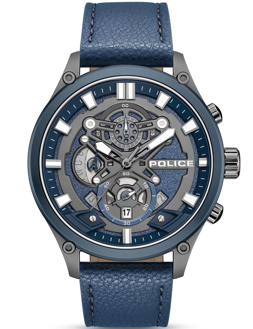 Herrenarmbanduhr mit blauem Lederarmband, blauem Gehäuse und offenem Zifferblatt