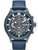 Herrenarmbanduhr mit blauem Lederarmband, blauem Gehäuse und offenem Zifferblatt