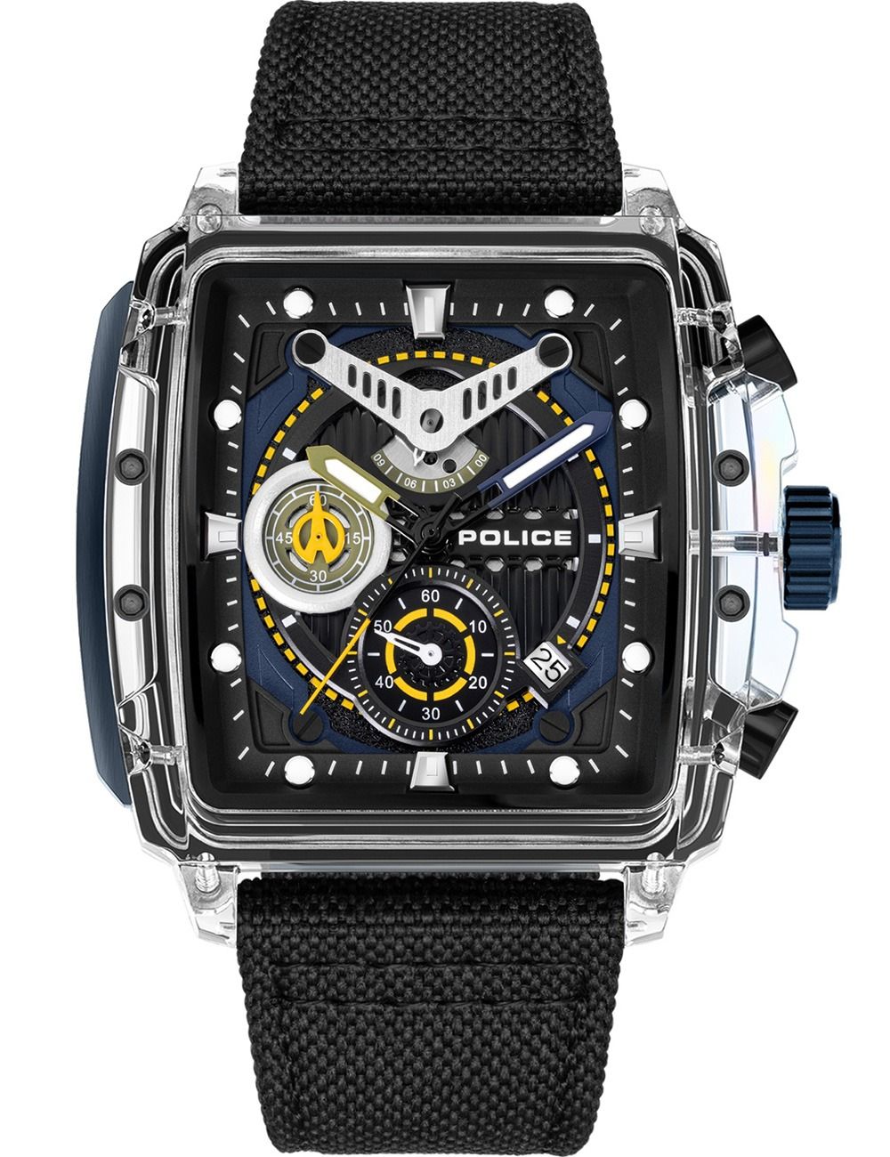 Herren-Chronographenuhr mit schwarzem Zifferblatt und gelben Details, Textilband