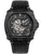 Schwarze Herrenuhr mit Skelettzifferblatt, Automatikwerk und Lederarmband