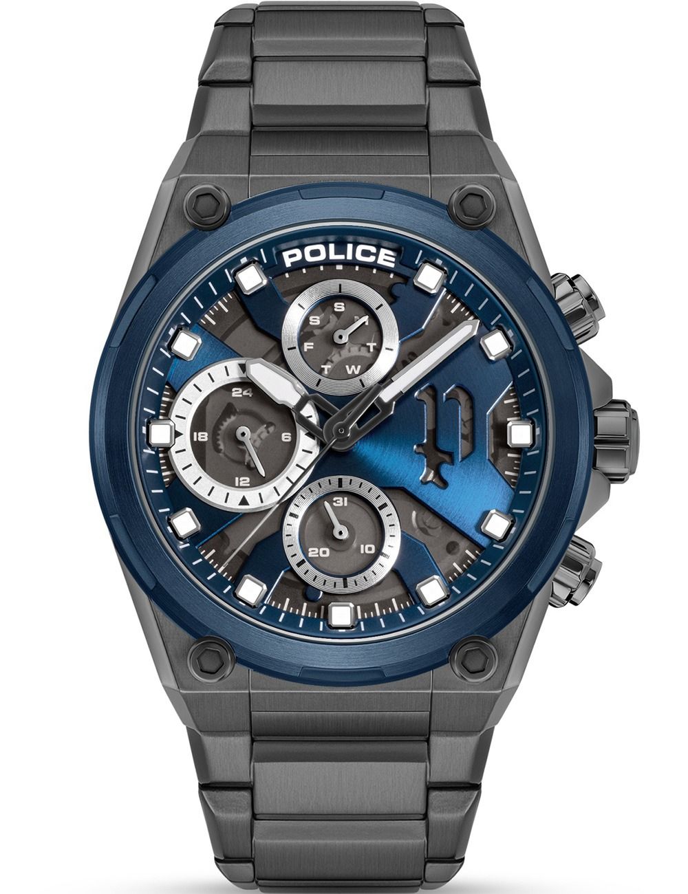 Police Herrenuhr mit blauem Zifferblatt, Multifunktion und Metallband