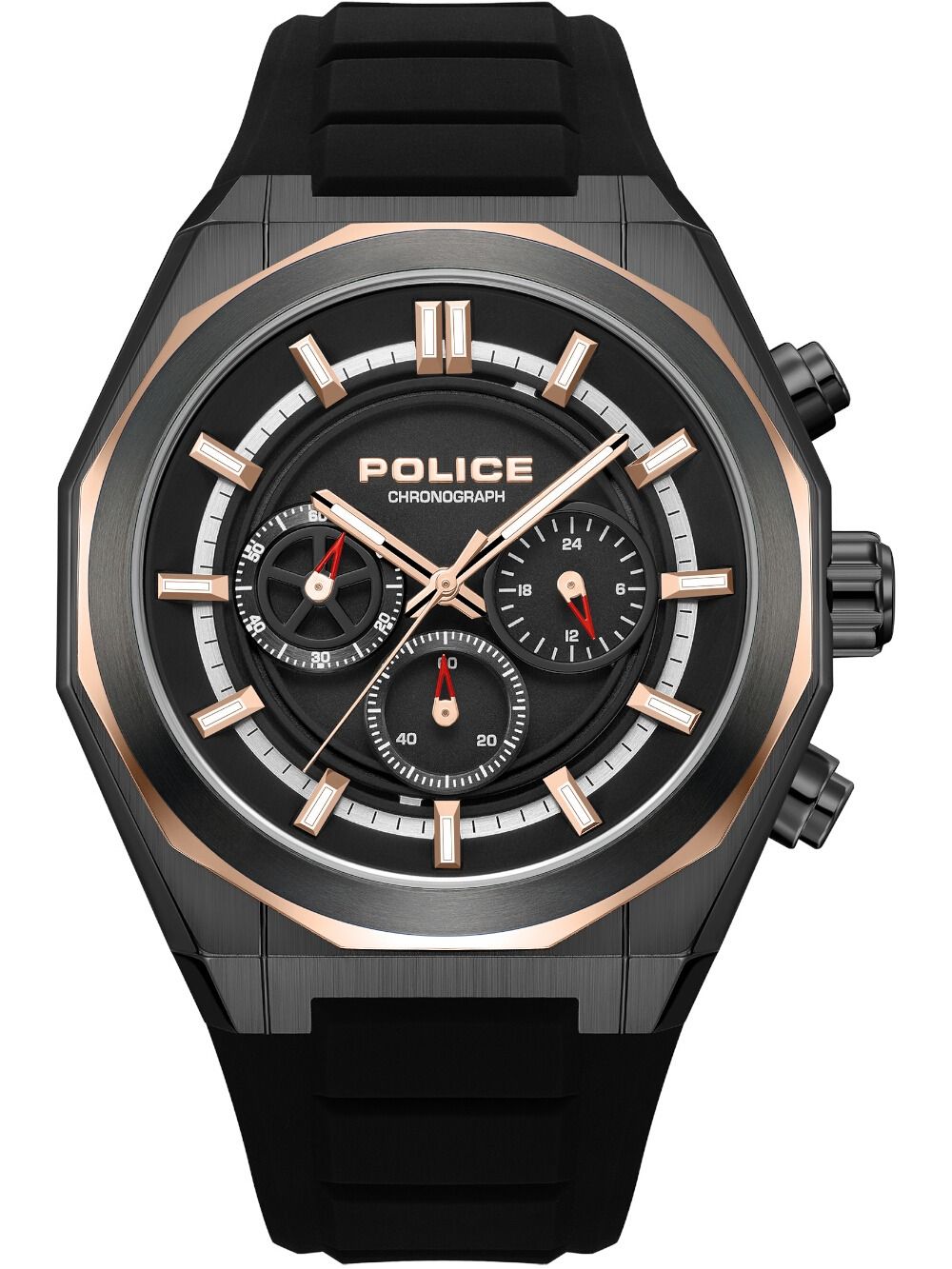 Herrenuhr Police mit schwarzem Silikonband, roségoldener Lünette und Chronographen-Zifferblatt