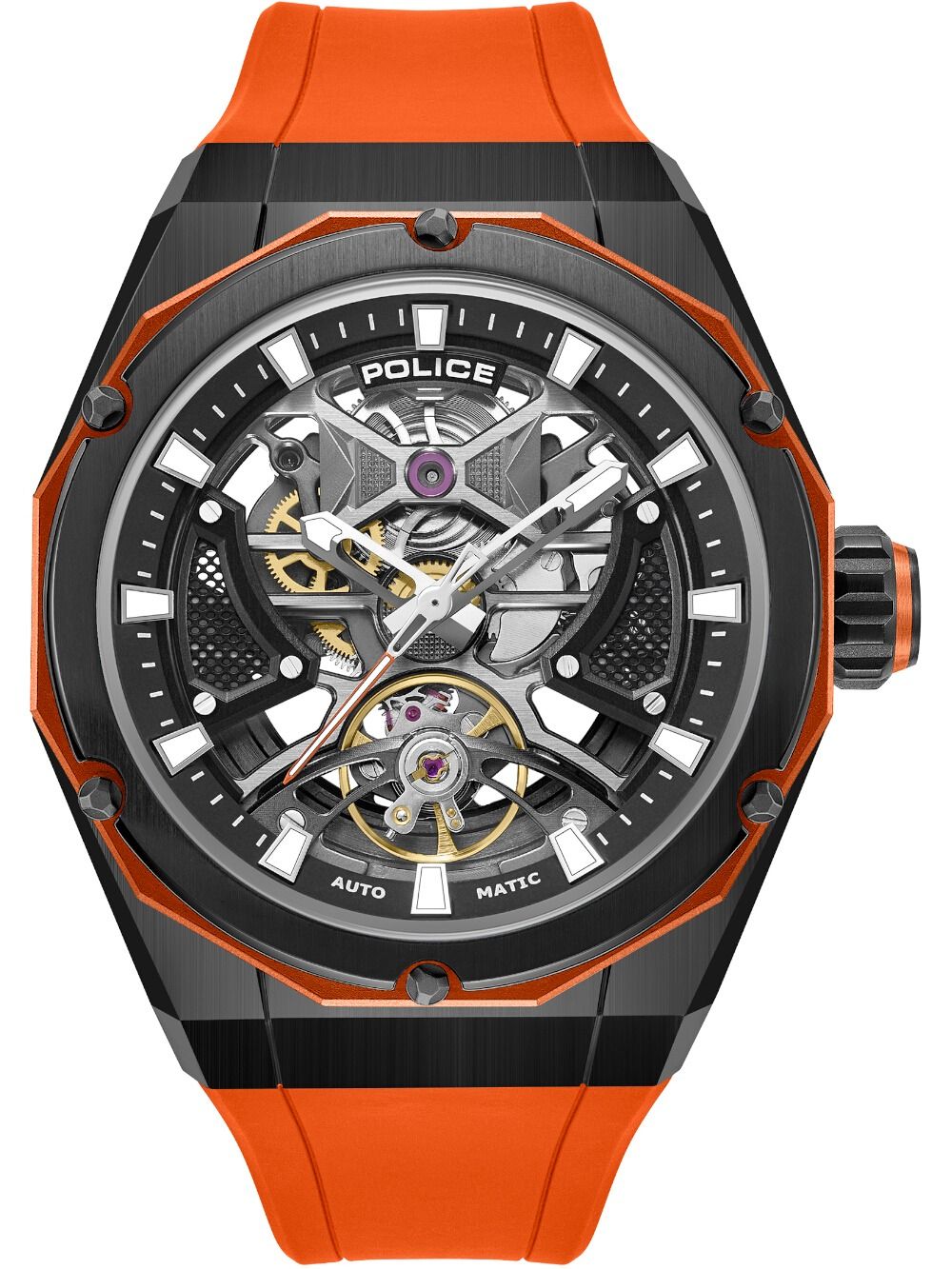 Herrenuhr mit skelettiertem Zifferblatt, schwarzem Gehäuse und orangefarbenem Silikonband