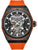 Herrenuhr mit skelettiertem Zifferblatt, schwarzem Gehäuse und orangefarbenem Silikonband