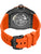 Herrenuhr Rückseite mit sichtbarem Automatikwerk und orange-schwarzem Armband