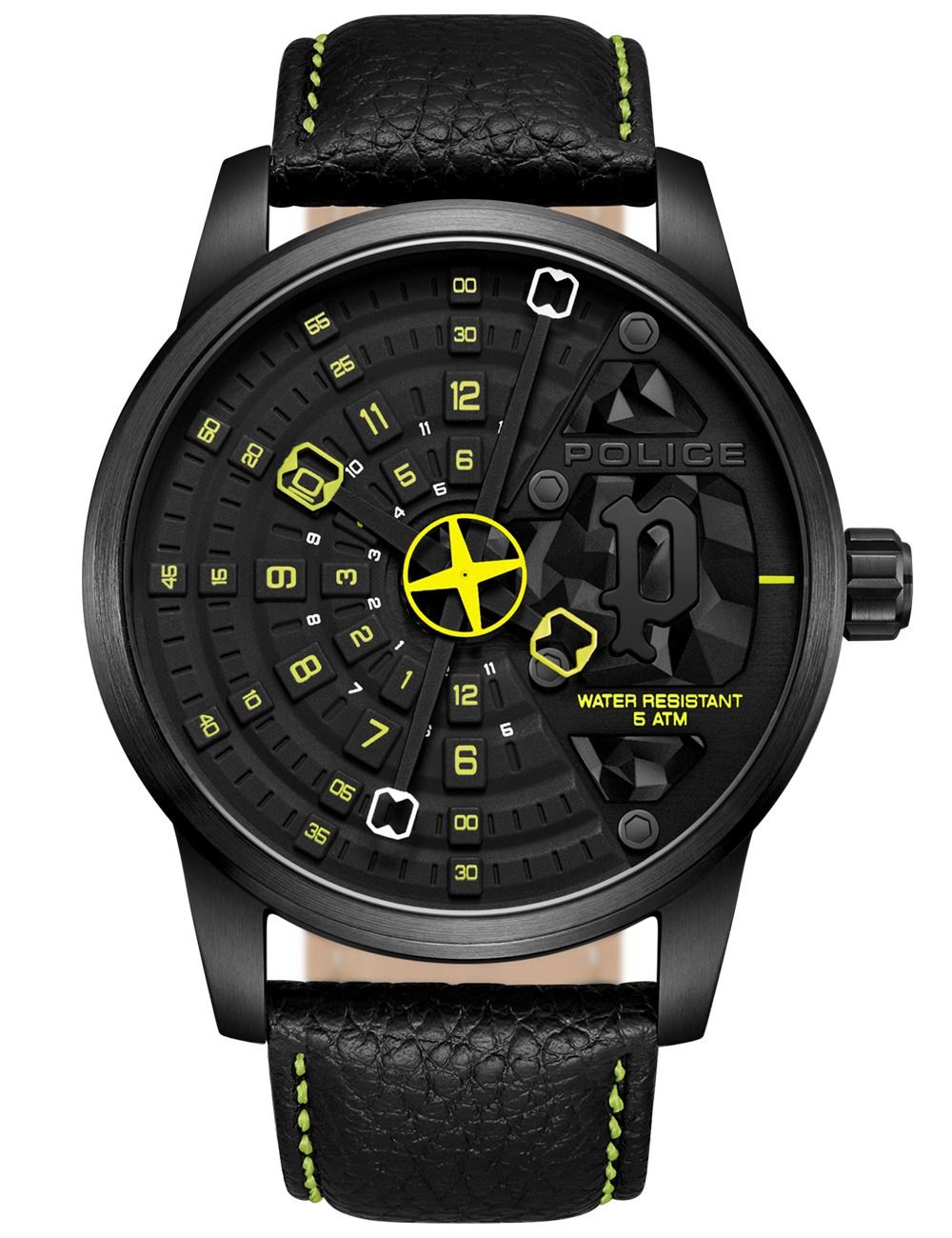 Herrenuhr mit schwarzem Gehäuse, Lederarmband und Ziffernblatt mit POLICE-Schrift, 5 ATM