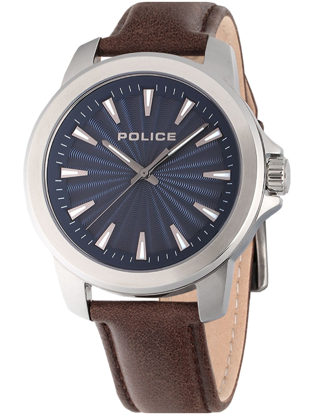 Herrenarmbanduhr POLICE mit blauem Zifferblatt, braunem Lederarmband und Edelstahlgehäuse