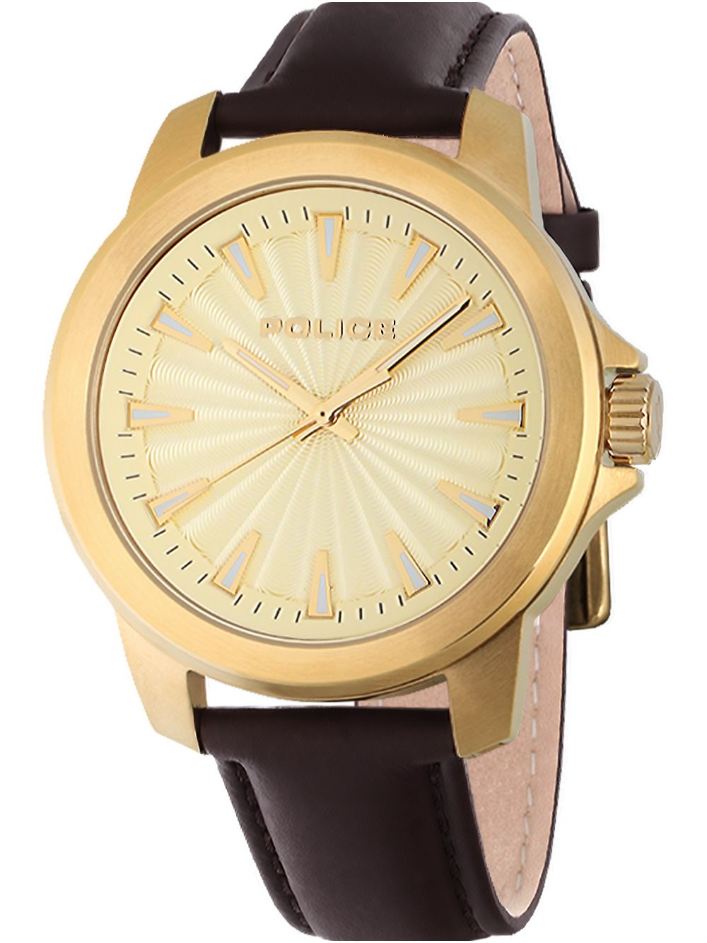 Herrenarmbanduhr mit rundem goldfarbenem Gehäuse, beigem Ziffernblatt und dunkelbraunem Lederband