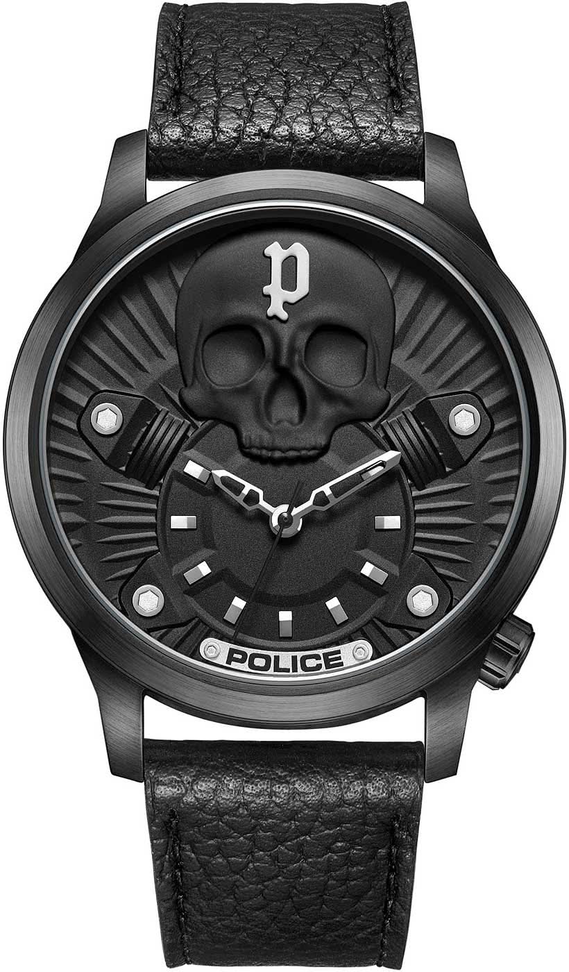 Bracelet pour homme avec bracelet en cuir noir et cadran tête de mort, accents ronds