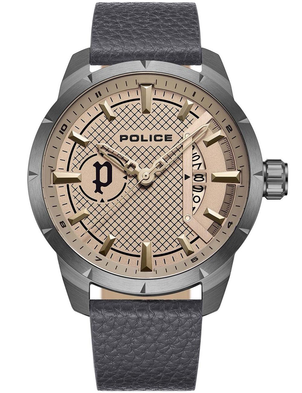 Herrenuhr mit grauem Gehäuse, Lederarmband und beigem Zifferblatt mit Datumsanzeige