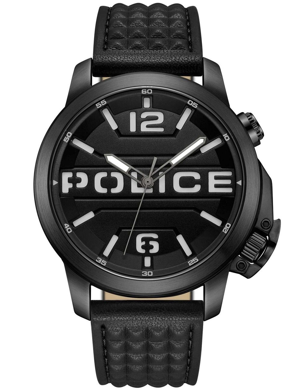 Herrenuhr mit schwarzem Zifferblatt, POLICE-Logo und schwarzem Lederarmband