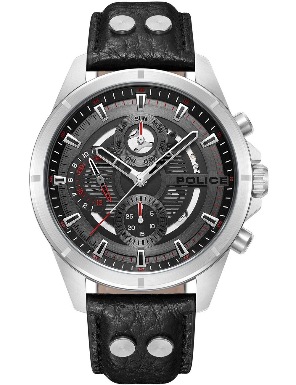 Herren-Quarzchronograph mit silbernem Gehäuse, schwarzem Zifferblatt und Lederarmband