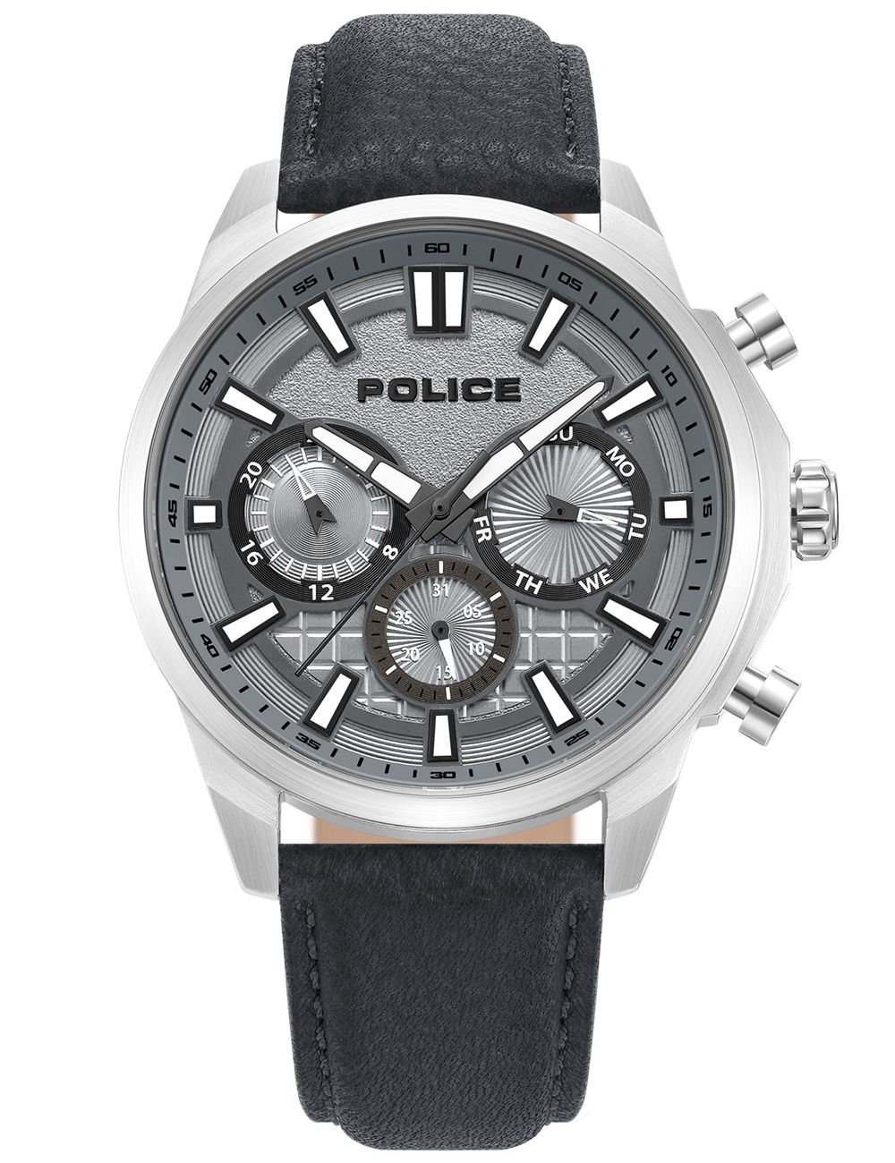 Herrenarmbanduhr POLICE mit grauem Zifferblatt, Lederarmband und Datum/Wochentag