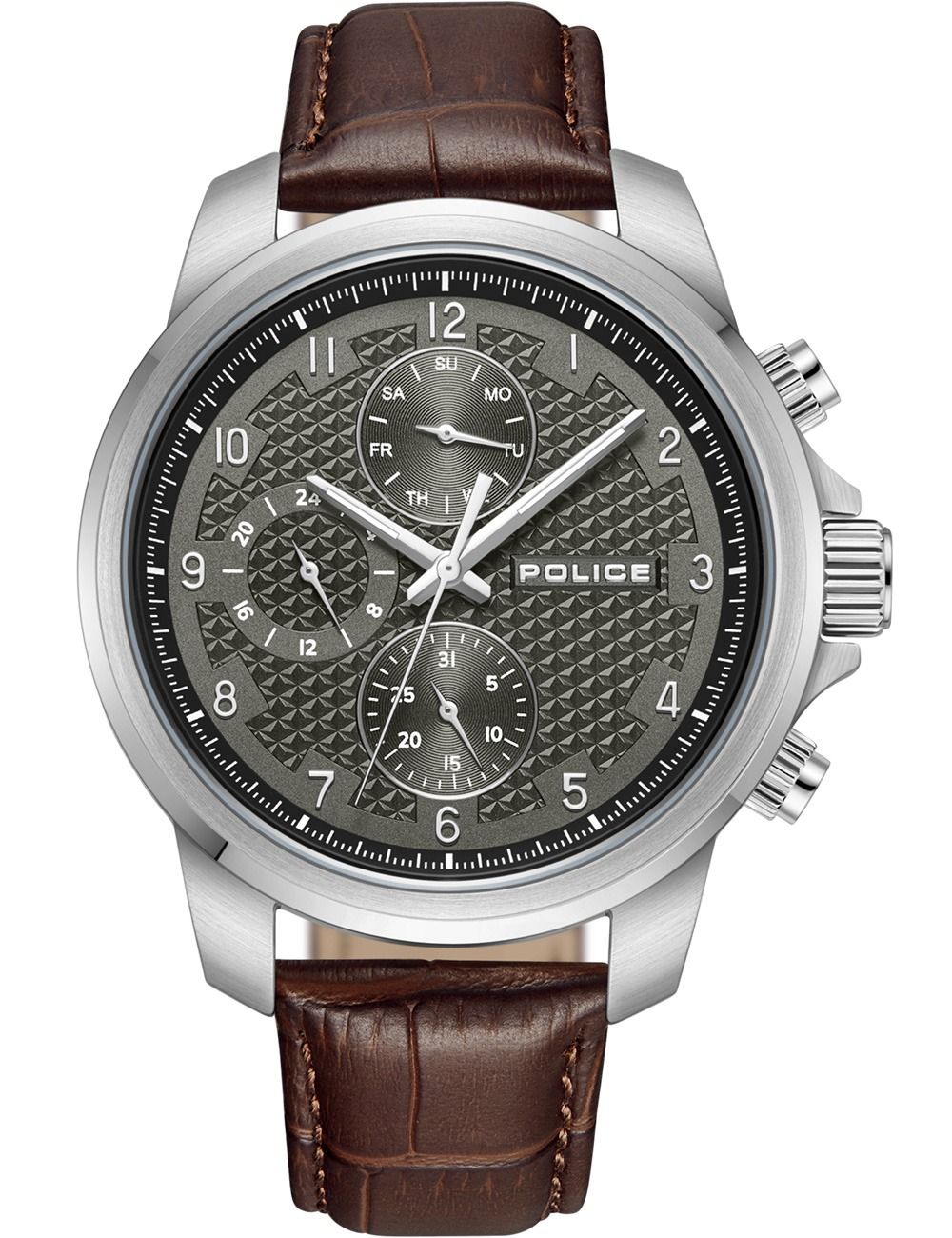 Silberne Herrenuhr mit braunem Lederarmband, dunklem Zifferblatt und silbernen Zeigern