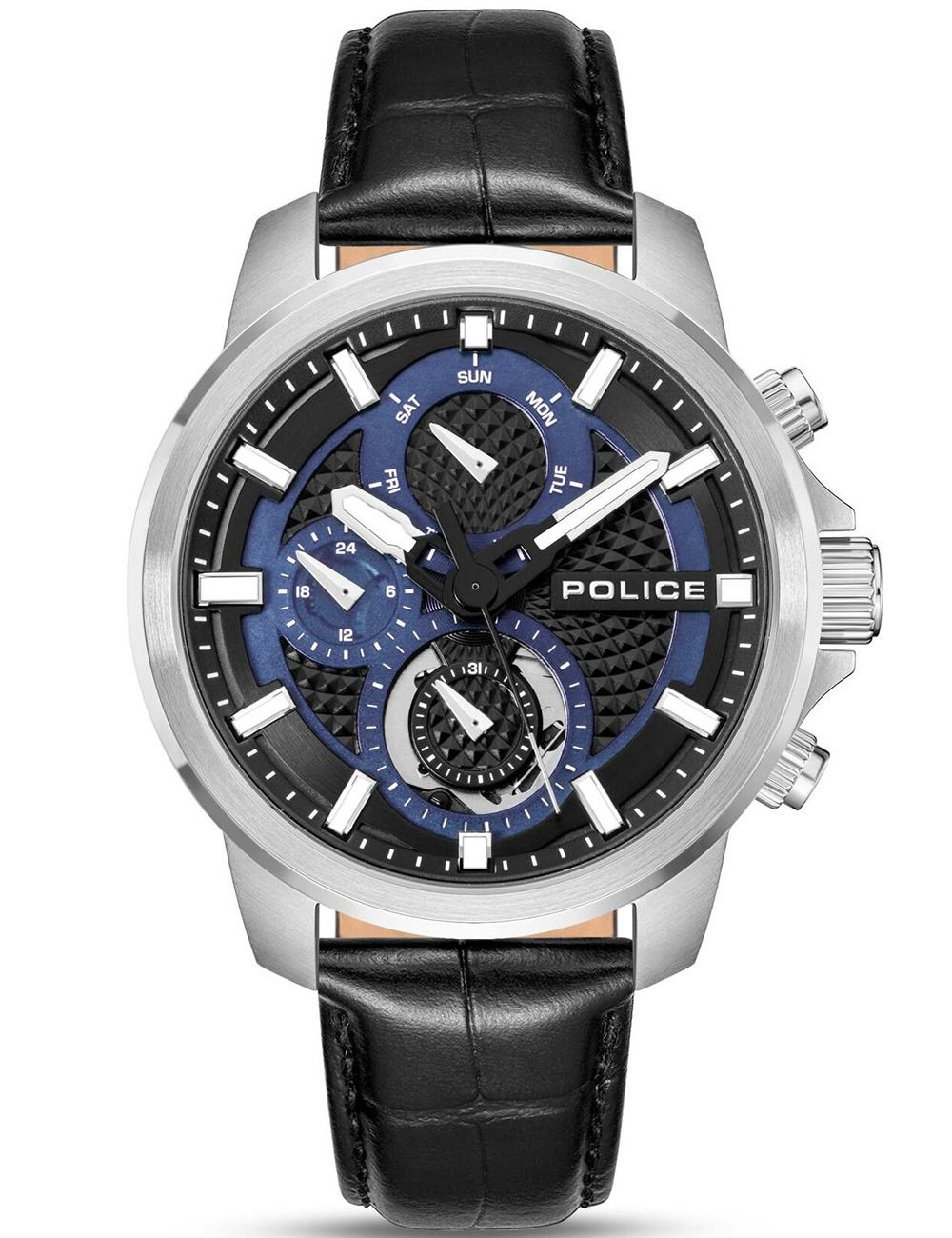 Herrenarmbanduhr Police mit silbernem Gehäuse, schwarzem Zifferblatt und Lederarmband