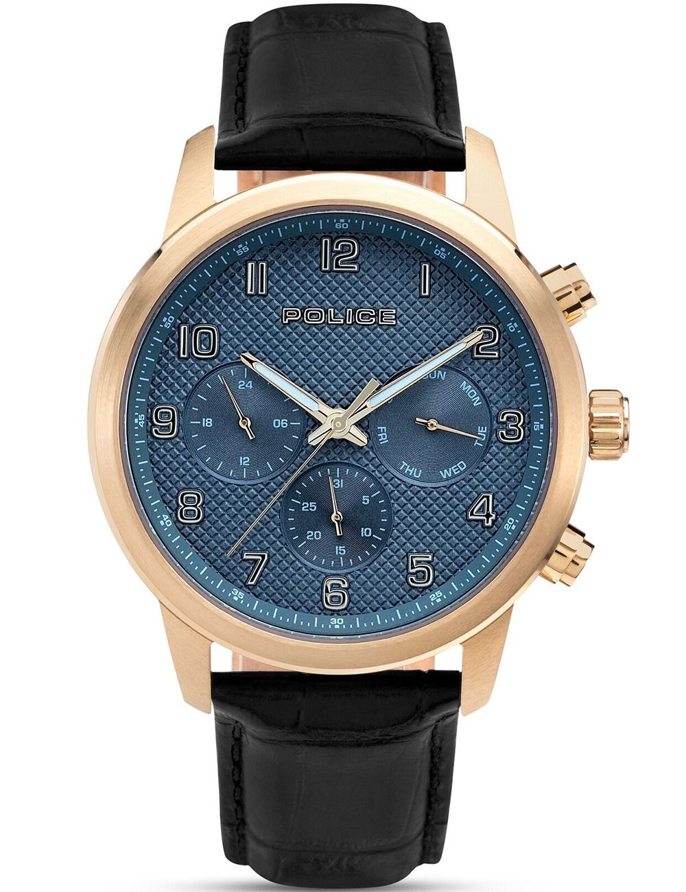 Herrenuhr mit blauem Zifferblatt, Chronograph, schwarzem Lederarmband