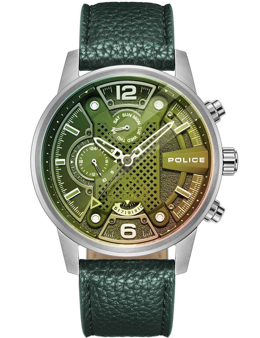 Police Herrenuhr mit grünem Lederarmband, rundem Edelstahlgehäuse und Chronograph-Zifferblatt