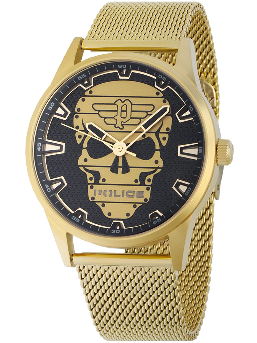 Goldfarbene Herrenarmbanduhr mit Metall-Meshband und schwarzem Totenkopf-Zifferblatt