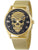 Goldfarbene Herrenarmbanduhr mit Metall-Meshband und schwarzem Totenkopf-Zifferblatt