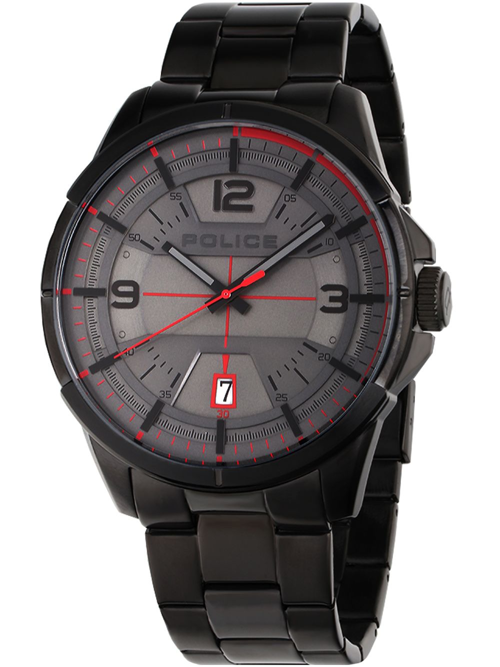 Schwarze Herrenarmbanduhr mit POLICE-Zifferblatt und rotem Akzent, Metallarmband.