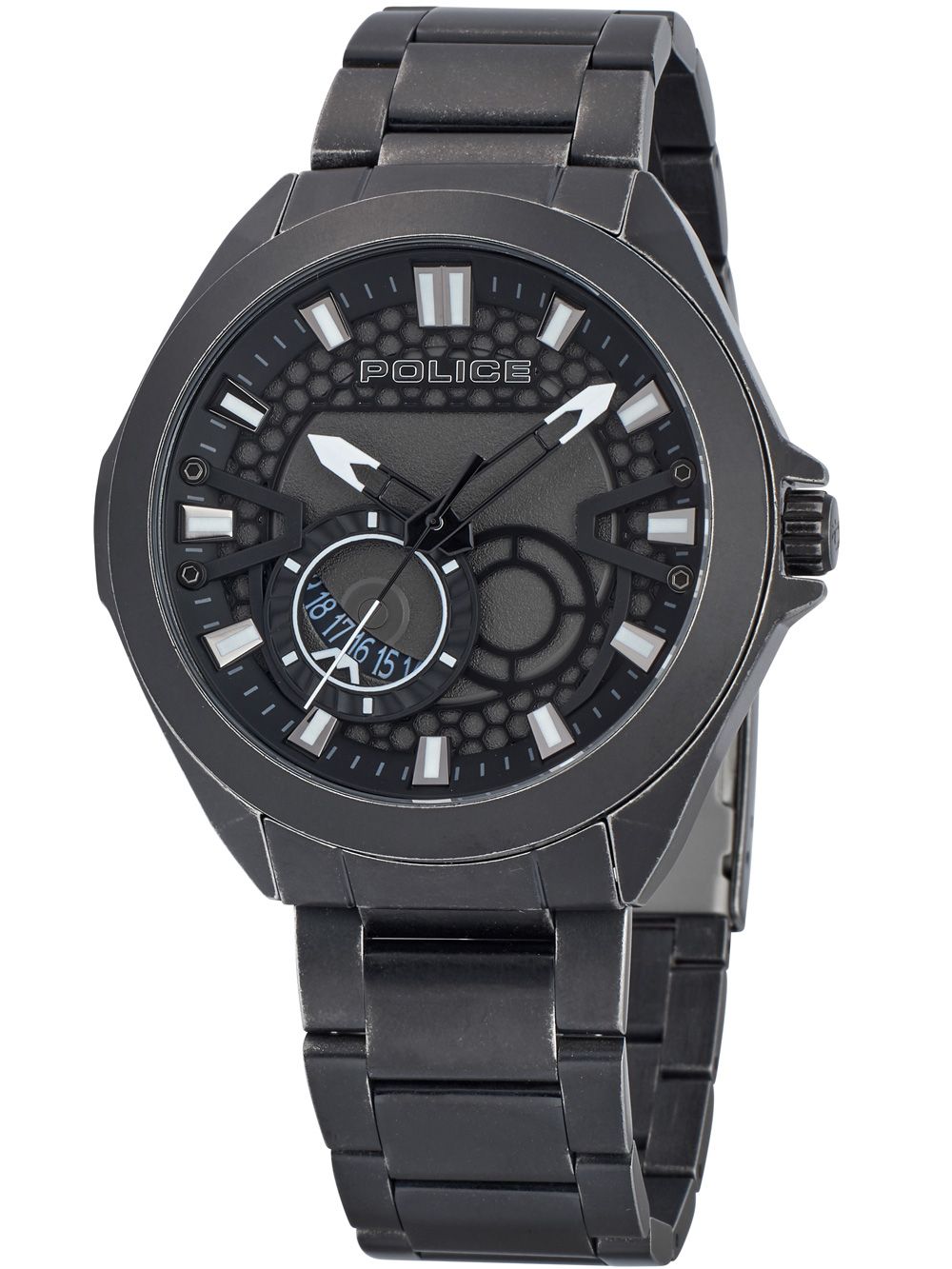 Schwarze Herrenuhr mit rundem Zifferblatt, Indexen und Metallarmband