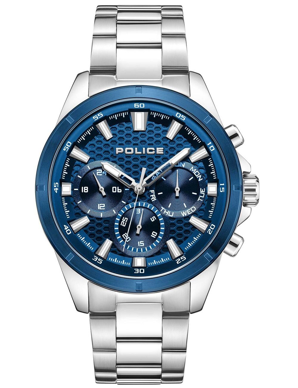 Police Herrenarmbanduhr mit blauem Zifferblatt, Stahlband und Chronograph-Optik