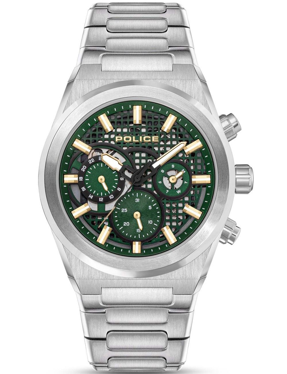 Herrenuhr Police Eclipse mit grünem Zifferblatt, Chronographen-Details und Edelstahlarmband