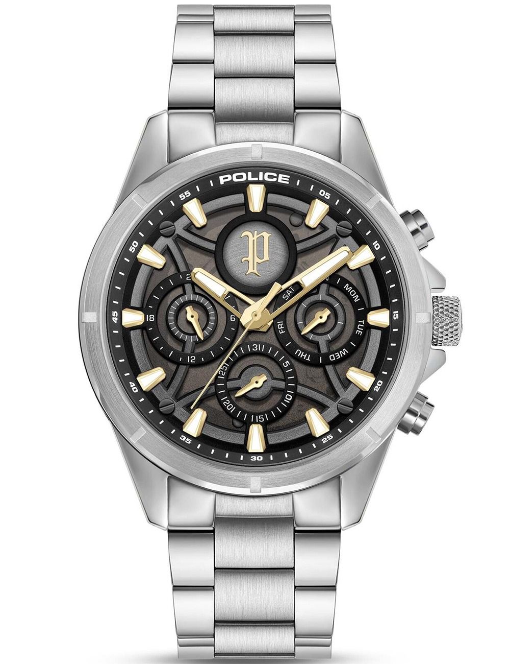 Herrenarmbanduhr mit Stahlband, schwarzem Zifferblatt und goldenen Chrono-Zeigern