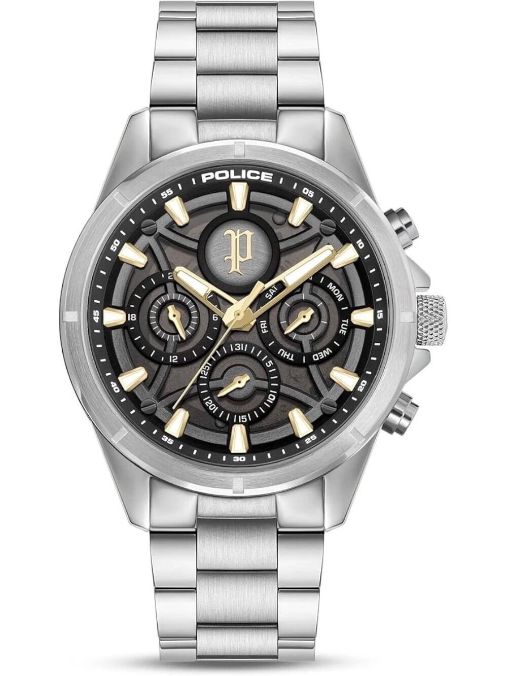 Herrenarmbanduhr mit schwarzem Zifferblatt, Chronograph und silbernem Edelstahlband