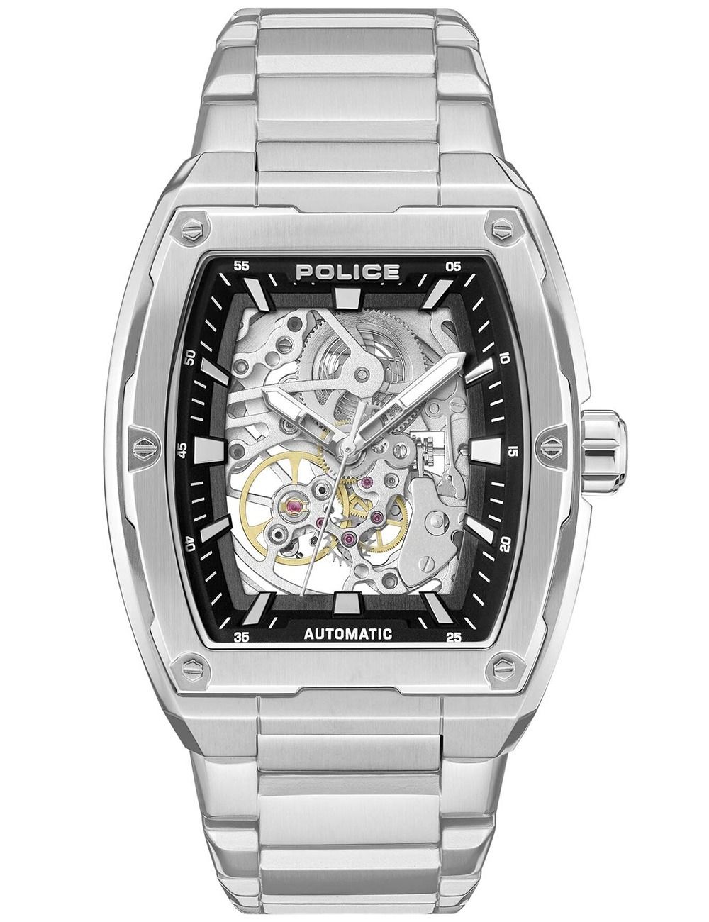 Police Herrenuhr mit Skelettzifferblatt, schwarzem Rand, silbernem Edelstahlband, Automatik