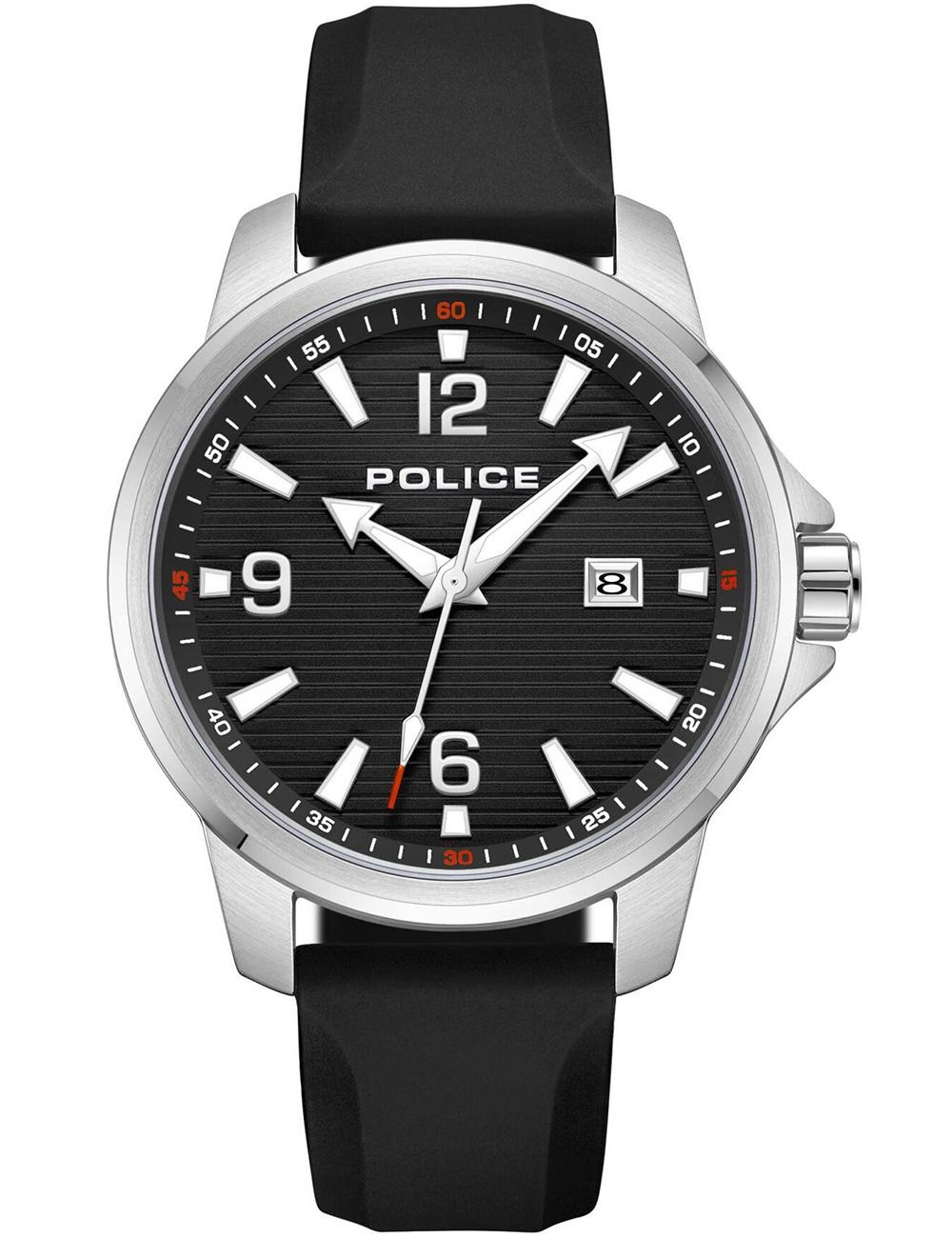 Police Herrenuhr mit schwarzem Zifferblatt, silbernem Gehäuse und schwarzem Silikonband