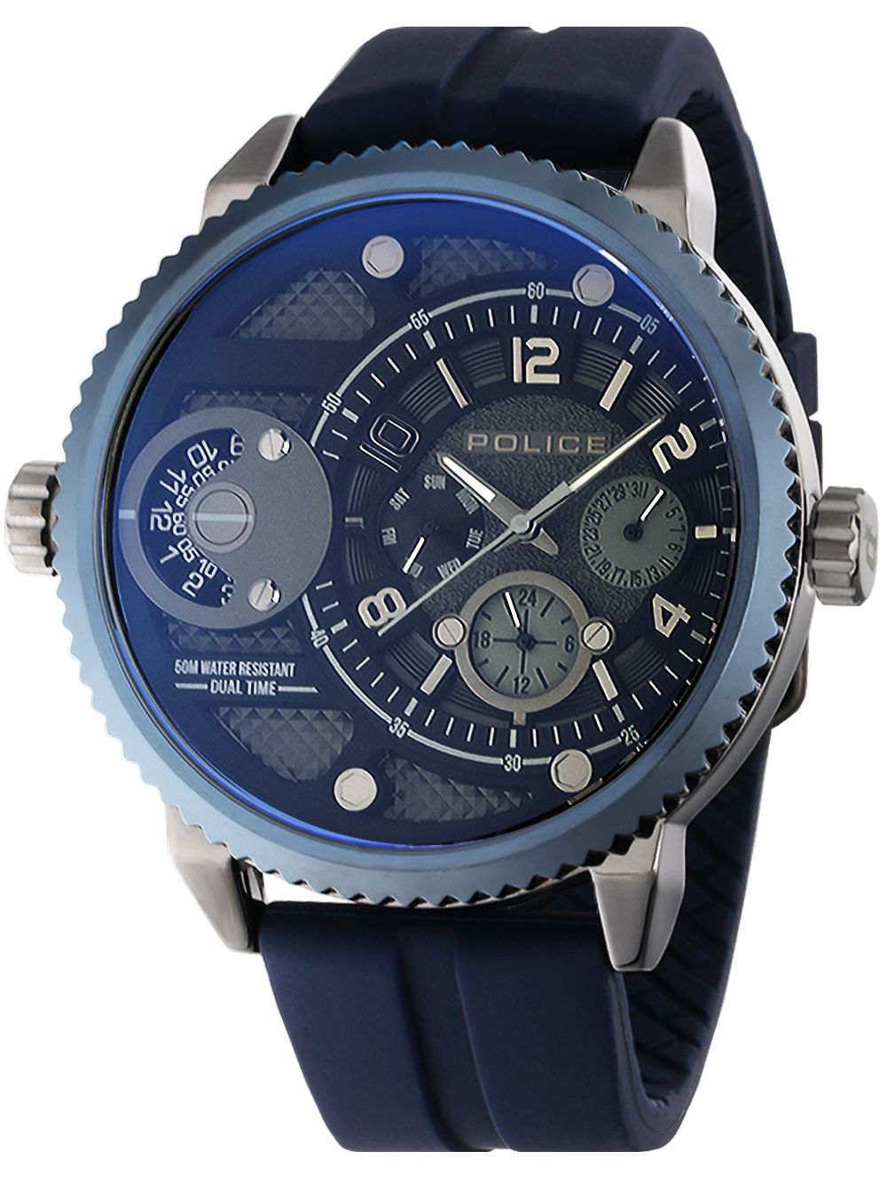 Herrenarmbanduhr von Police mit blauem Zifferblatt, GMT-Dual-Time und Silikonband