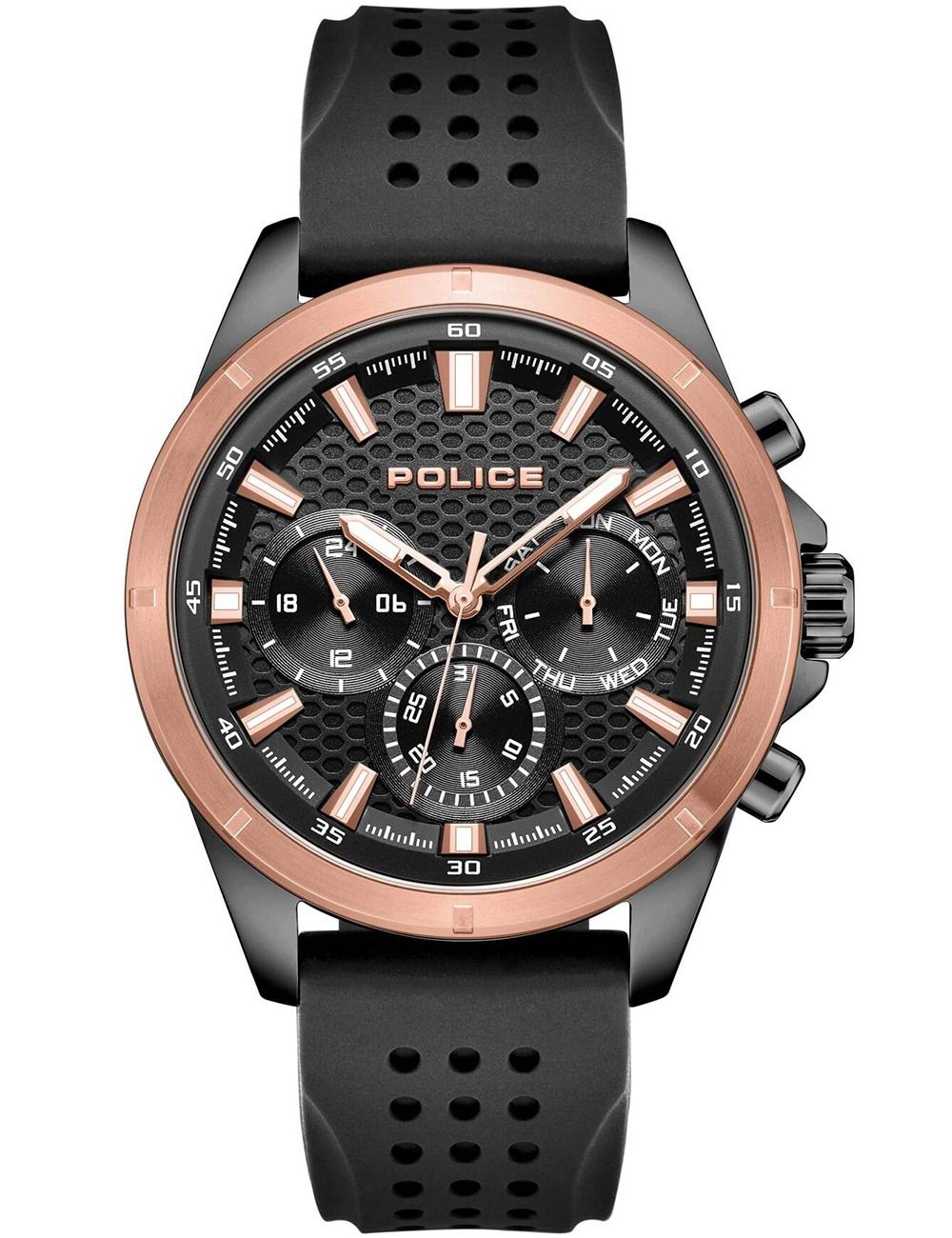 Herrenarmbanduhr mit schwarzem Kautschukband, schwarzem Zifferblatt, Chronograph, Police-Logo