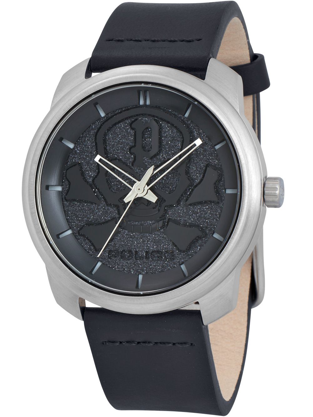 Herrenuhr mit schwarzem Lederarmband, silbernem Gehäuse und dunklem Zifferblatt