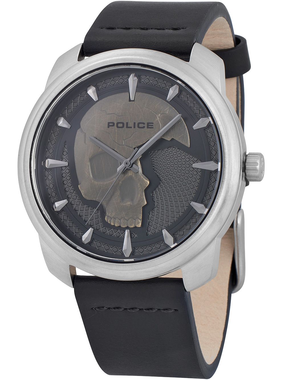 Herrenuhr POLICE mit schwarzem Lederarmband, grauem Zifferblatt mit Totenkopf-Motiv