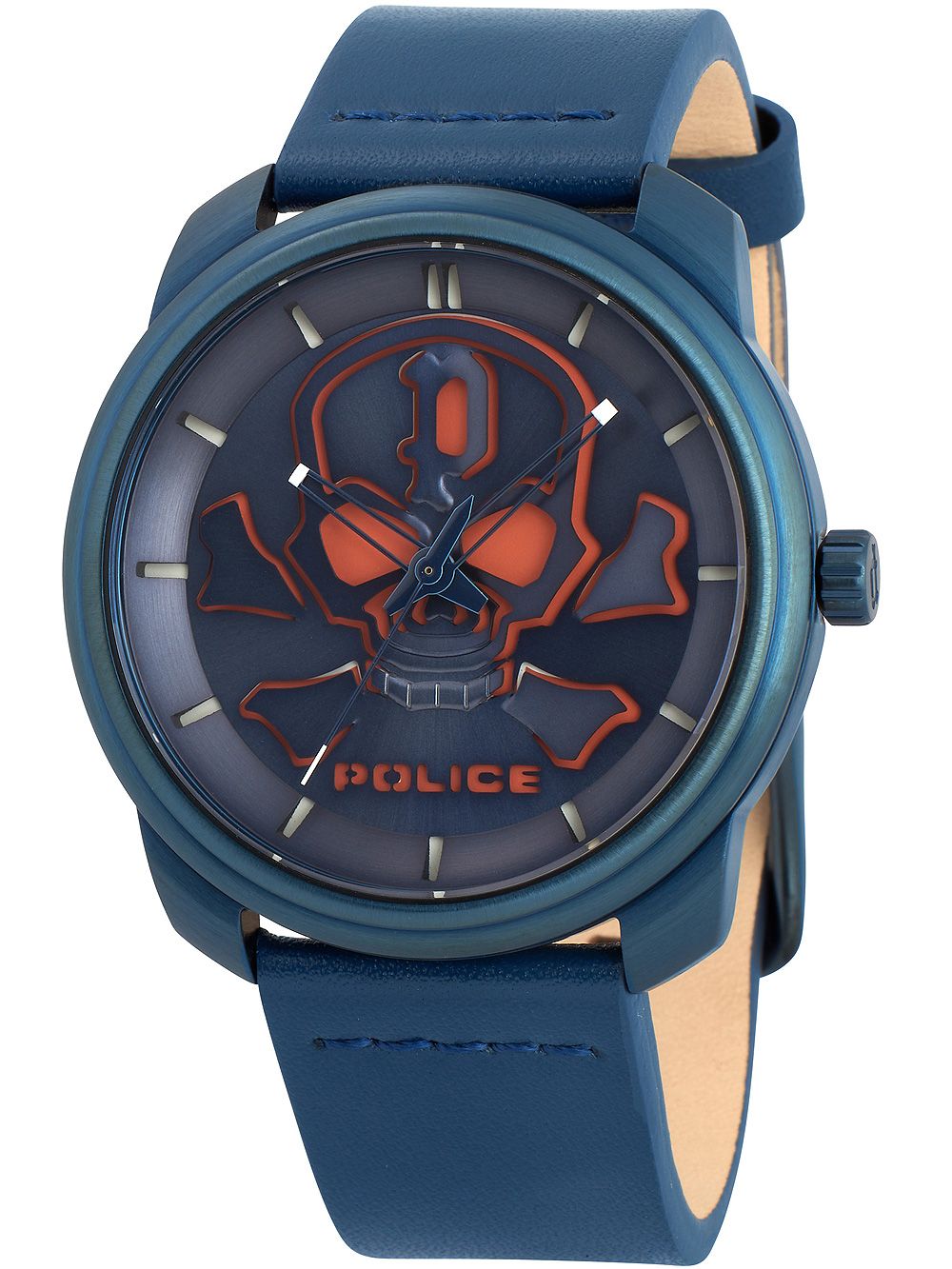 Herrenarmbanduhr mit blauem Lederarmband, rundem blauem Zifferblatt mit Skull-Design