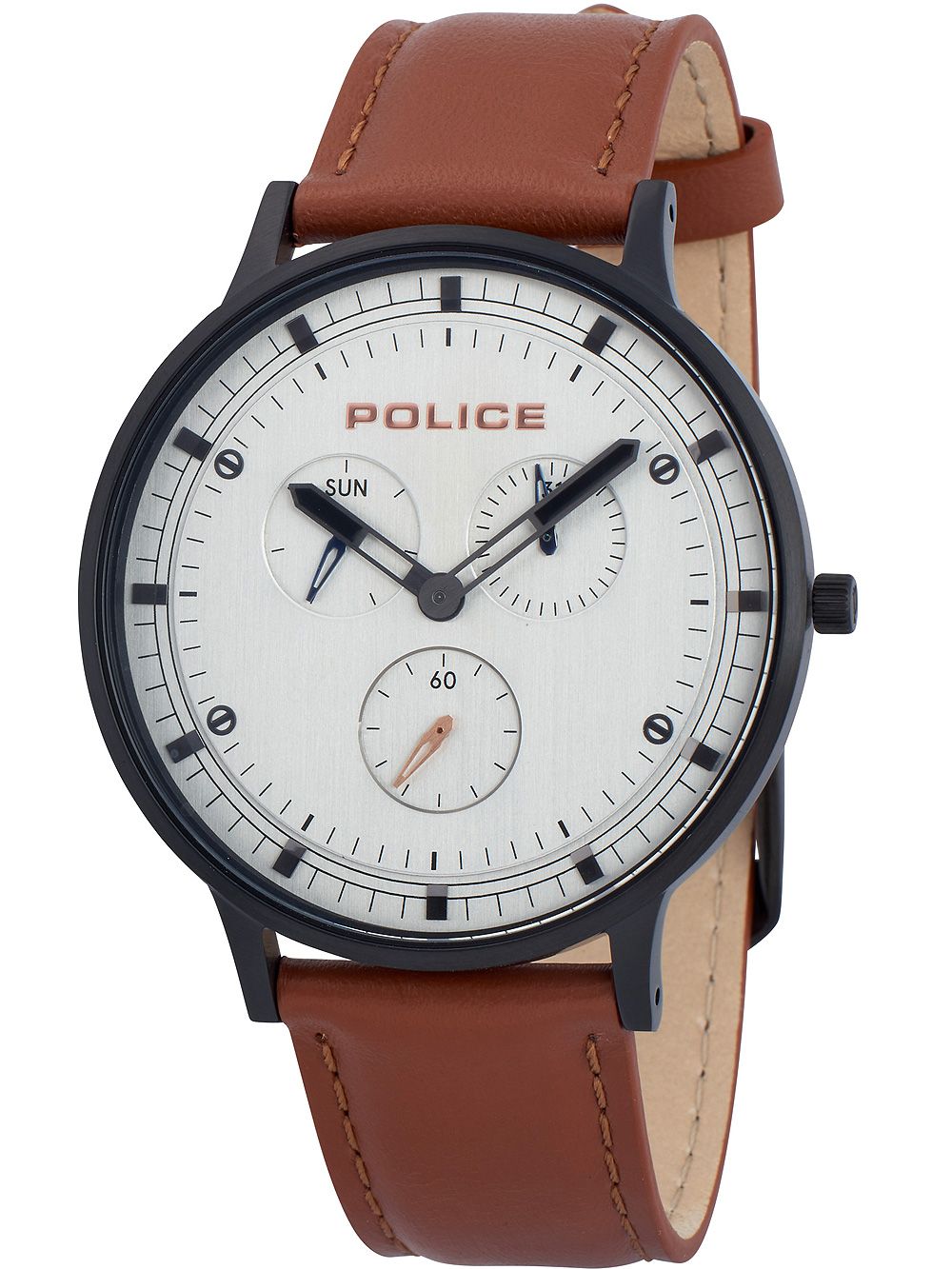 Herrenuhr mit braunem Lederarmband, weißem Zifferblatt und Chrono-Subdials, 42 mm