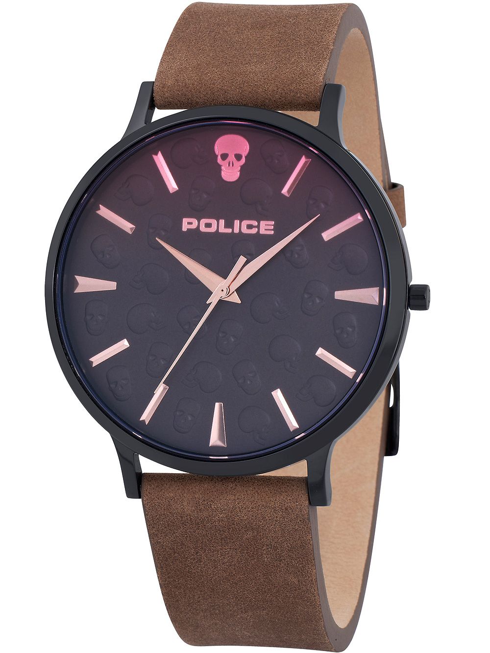 Herrenarmbanduhr Police mit braunem Lederarmband, schwarzem Gehäuse und Ziffern mit Totenkopf